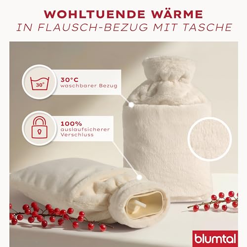 Blumtal Premium Wärmflasche mit Bezug & Tasche flauschig - Wärmeflasche aus verwendungssicherem Naturkautschuk mit Flauschbezug - auslaufsichere Bettflasche + Innenfutter - wärmende Bettflasche Creme