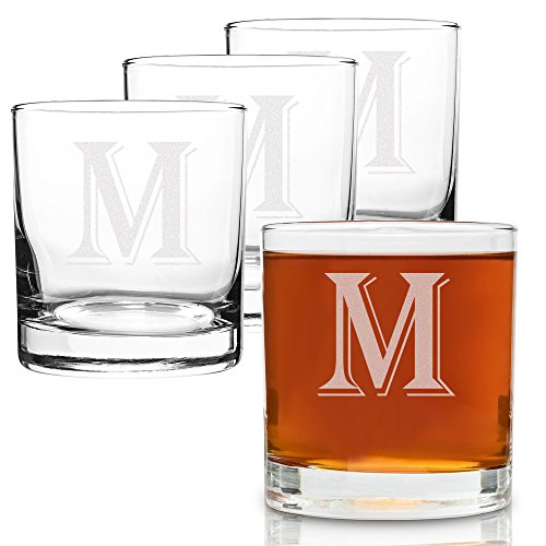 (M-Monogram)- 4 Piece Set of 11 Ounce Engraved Heavy Base Rocks Glasses Elegant