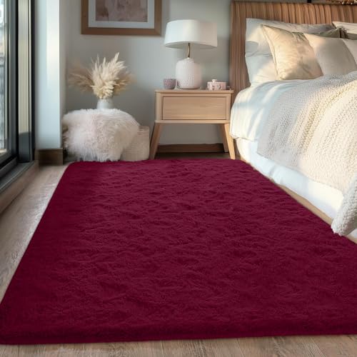 FVVRAX 90x150cm Burgundy Red Shaggy Rug Soft Fluffy Area Rug for Living Room & Bedroom Non-Slip Plush Carpet for Kids Nursery Dorm Machine Washable Large Floor Mat