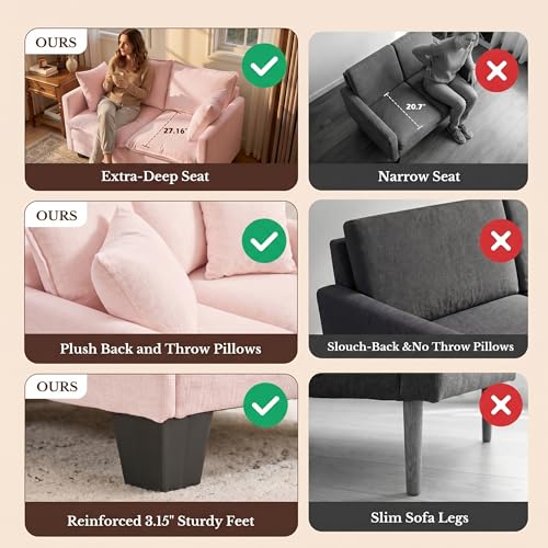 Image of Loveseat Sofa with Cloud 3-Layer Cushion & 27 inch Deep Seat, Modern Love Seat Small Couch with 2 Washable Pillows for Small Spaces, Bedroom, Apartment, Office, Living Room, in a Box, 50-Inch Blush Pink