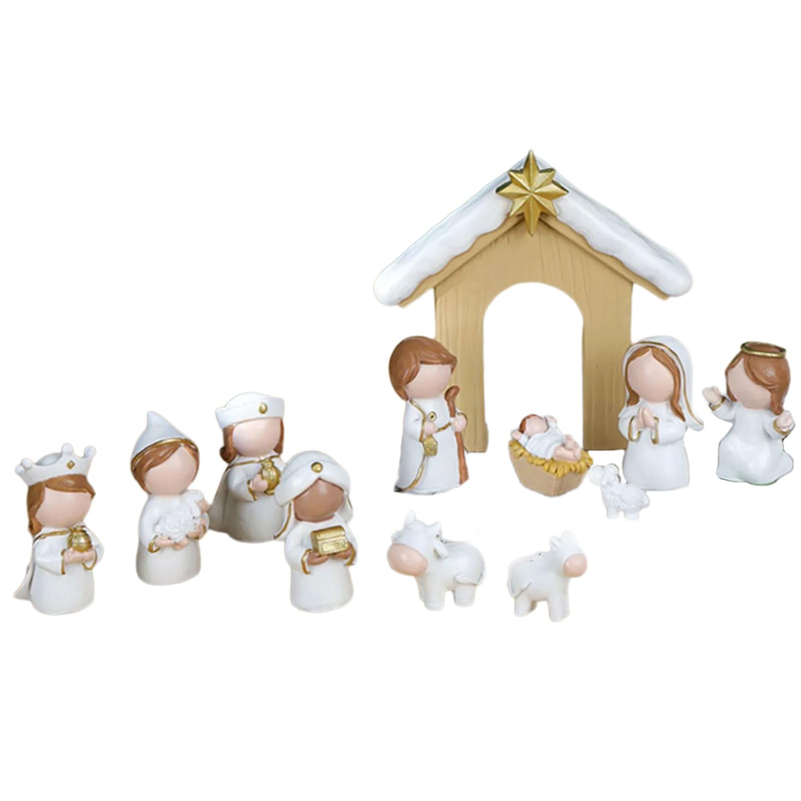 Buxuaaaa White Christmas Nativity Figurines Resin Nativity Scene Statue With Stable Holy Family Statue Table Centerpieces Home Decors Christmas Scene Sculptures