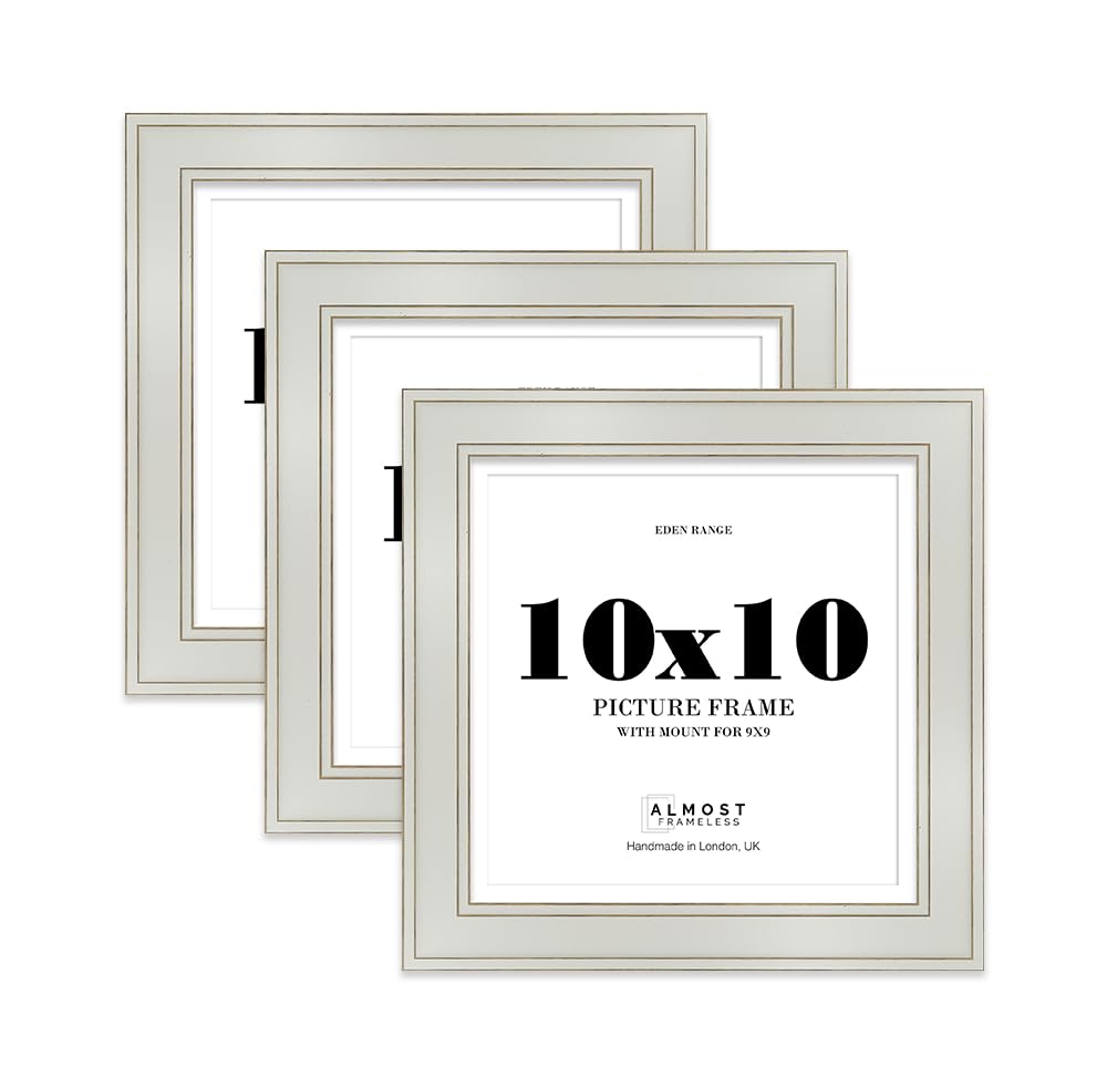 10x10" Light Grey Square Picture Frame with 9x9" Mount - Shabby Chic Photo Frame with Distressed Finish, Gold Trim, Wall Hooks and Kickstand, 37mm Edge - 3 Pack