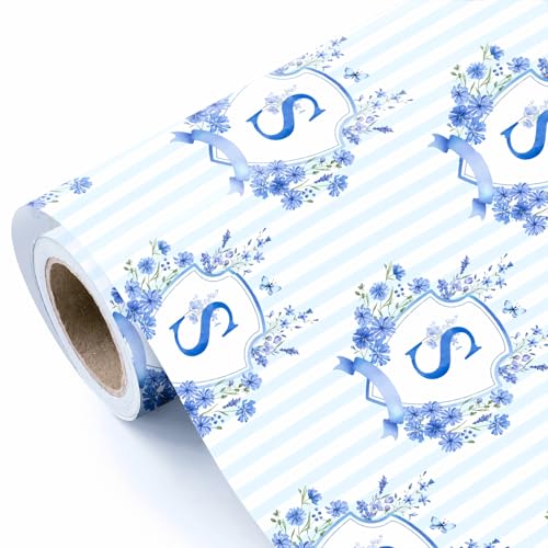 WRAPAHOLIC Blue Monogram Wrapping Paper Roll - Mini Roll - 17 Inch x 16.5 Feet - Letter S Stripe Watercolor Blue Floral Wrapping Paper for Birthday Bridal Shower Wedding Baby Shower