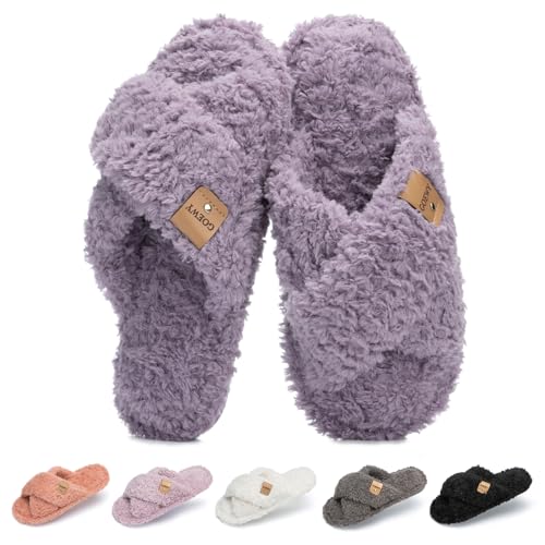 Image of GOEWY Fuzzy Open Toe Slippers for Women Cozy Memory Foam House Shoes Indoor | Cute Cross Band,Soft Faux Fur,Anti-slip Sole Outdoor,Machine-washable,Lightweight,Slip on Gifts for Women,Mom and Bridesmaid
