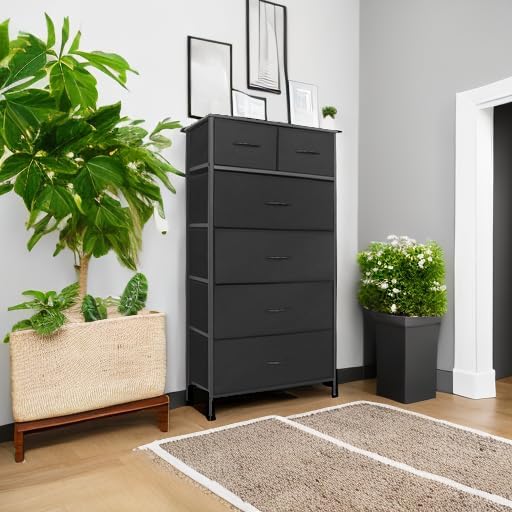 Mifuro Tall Dresser for Bedroom, Vertical Storage Organizer Tower with 6 Drawers, Chest of Drawers with Fabric Bins, Steel Frame, Wood Top for Bedroom, Closet, Entryway- Black - Image 6