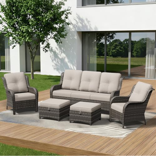 Image of 5 Piece Outdoor Wicker Patio Furniture Set, Patio Chairs Set with Thickened Olefin Cushions, High Back and Deep Seating, Hand-Woven PE Rattan, Ottoman for Porch, Deck