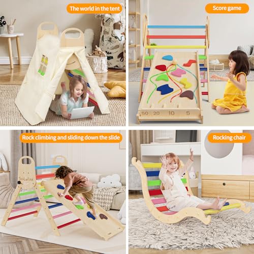Image of Sehloran Large Size 8 in 1 Pikler Triangle Set with Pinball Game and Tent for Kids, Foldable Toddler Climbing Toys Indoor, Natural Wooden Montessori Climbing Set Jungle Gym with Arch&Ramp&Ladder