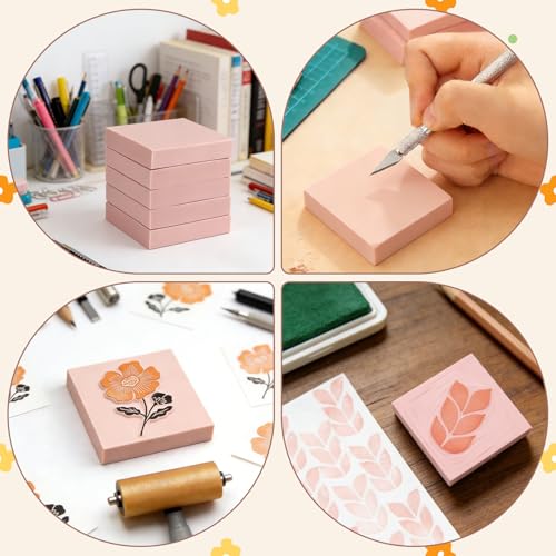 Image of 6 Pack 2 inchx2 inch Pale Pink Rubber Stamp Carving Blocks - Soft Linoleum Material for DIY Craft Projects & Handmade Stamps