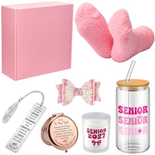 Gandeer 9 Pcs Senior 2027 Gifts for Girls Women Pink Class of 2027 Gift with Glass Cup, Scented Candles, Socks Senior Night Gifts Package Congrats Graduation for 2027 Graduates High School College