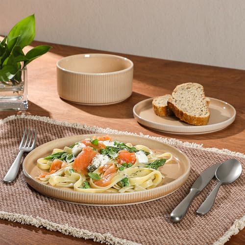 Image of Gibson Elite Solana Coast 12 Piece Stoneware Reactive Glaze (Service for 4) Ceramic Plates and Bowls Modern Shape Embossed Dinnerware Set - Terracotta Orange