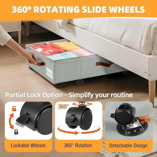 Image of Under Bed Storage with Wheels,Underbed Storage with Sturdy Sidewalls /Bottom, Clear Cover, Label and PU Handle, Rolling Under Bed Drawers for Clothes, Shoes, 6.5 Inch Height,Grey, 4 Pack