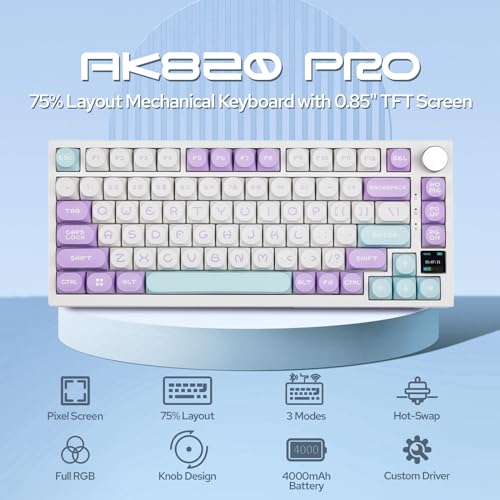 EPOMAKER Ajazz AK820 Pro 75% Gasket-Mounted Mechanical Keyboard with TFT Screen, 3 Modes(BT 5.1/2.4G Wireless & Type-C Wired), Sound Dampening Foams (White Purple MOA, Ajazz Flying Fish Switch) - Image 3