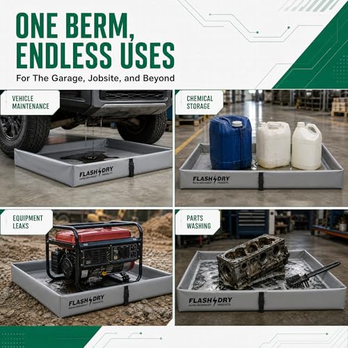 Image of FLASHDRY Portable Spill Containment Berm, Folding Duck Pond 4' x 4', Reusable Oil, Fuel & Chemical Spill Containment Tray, UV-Resistant PVC, Heavy-Duty, Quick & Easy Setup, Garage & Industrial Use
