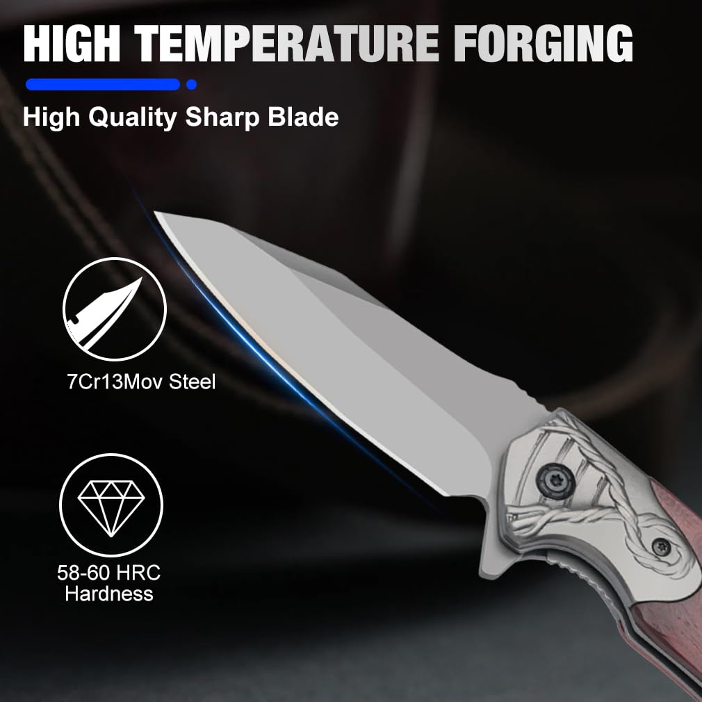 KNOVATET Pocket Knife for Men Multitool Folding Knives with Glass Breaker Safety Liner-Lock,Rosewood Ergonomic Handle EDC Knives Gifts