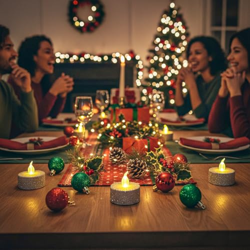 Image of 12PCS Glitter Tea Lights Candles with 6 Hours Timer,LED Votive Candle Battery Operated Warm White Flickering for Valentine's Day Anniversary Decor,Christmas Wedding(Silver)