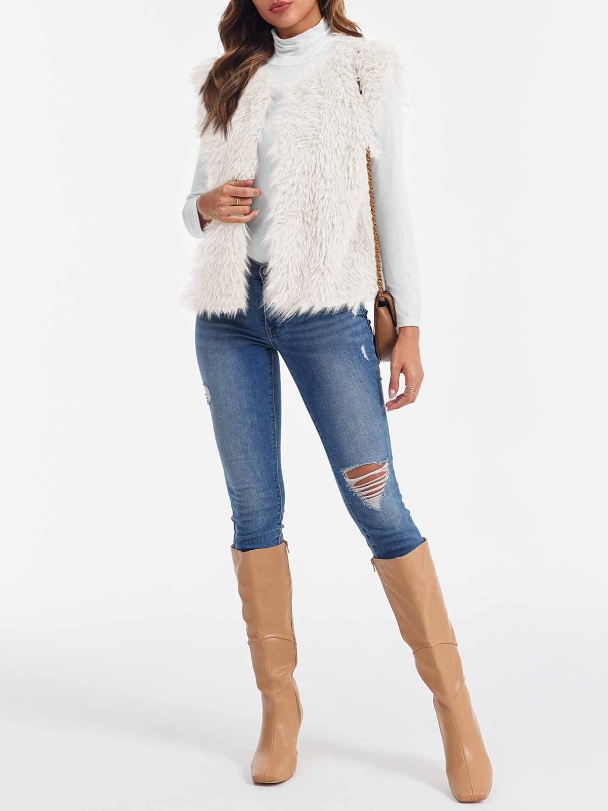Tankaneo Gilet da donna in pelliccia sintetica corto senza maniche caldo inverno shaggy aperto davanti