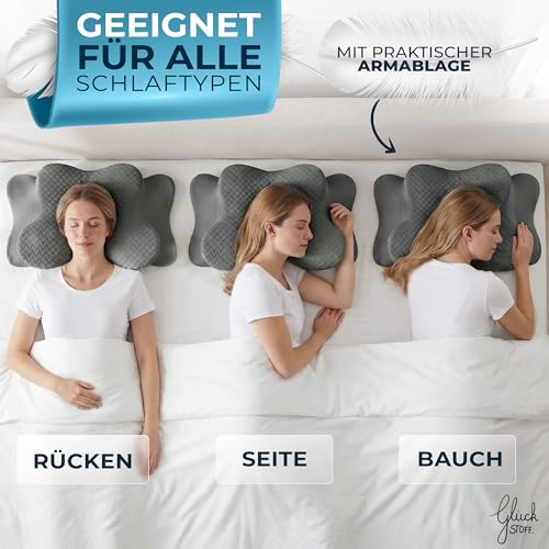 Glückstoff® ergonomski vzglavnik (za vse vrste spanja) vzglavnik iz spominske pene | Vzglavnik za oporo za vrat, ergonomski vzglavnik, vzglavnik za spanje na strani, siva