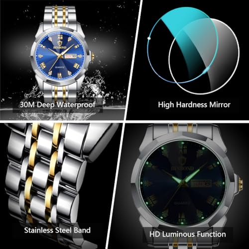 Watches for Men Luxury Diamond Business Dress Analog Quartz Stainless Steel Waterproof Luminous Date Two Tone Casual Wrist Watch4