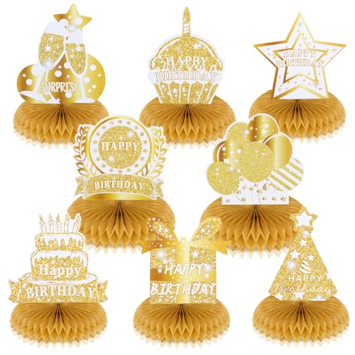 8 peças de centro de mesa de aniversário de ouro branco e dourado para festa de aniversário, centros de mesa para mulheres e homens, decoração de mesa de feliz aniversário, decoração de favo de mel