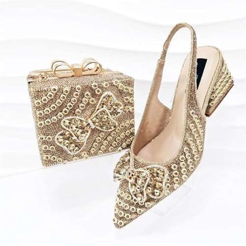 Women Gold African Wedding Shoes Set Italian Rhinestone Bridal Pumps and Matching Evening Bag Party2