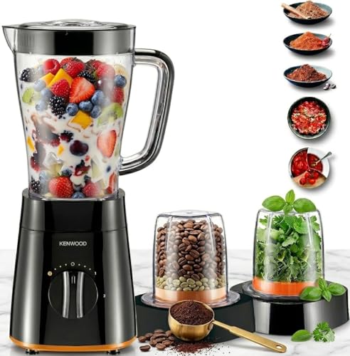 KENWOOD 500W Smoothie Blender 1.5L with Grinder Mill & Chopper Mill Ice Crush Function Multi-Purpose Smoothie Maker Durable Blades High Performance Easy Cleaning Model BLP19.360BK Black