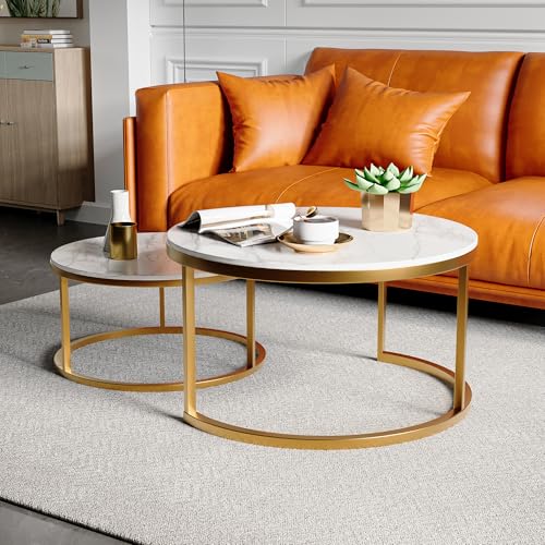 Lot de 2 tables d'appoint rondes - Aspect marbre - Table basse ronde - Table de salon moderne - Table basse en bois avec cadre en métal - Pour salon, balcon, bureau - Ø 80 x H 45 + Ø60 x H35 - Doré