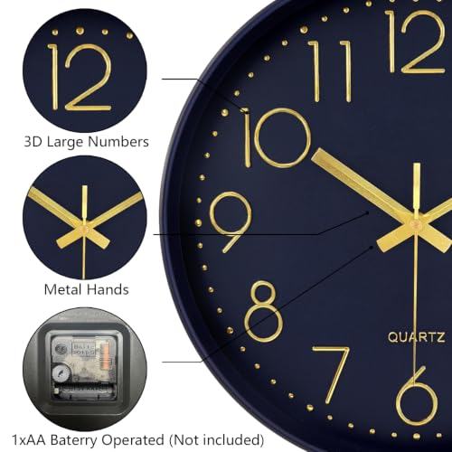 Image of 14Inch Navy Blue Silent Wall Clock Battery Operated Clocks for Home | Non-ticking Analog Clock with Tempered Glass & Large Numbers, Wall Clocks for Living Room, Bedroom, Office and Kitchen Decor