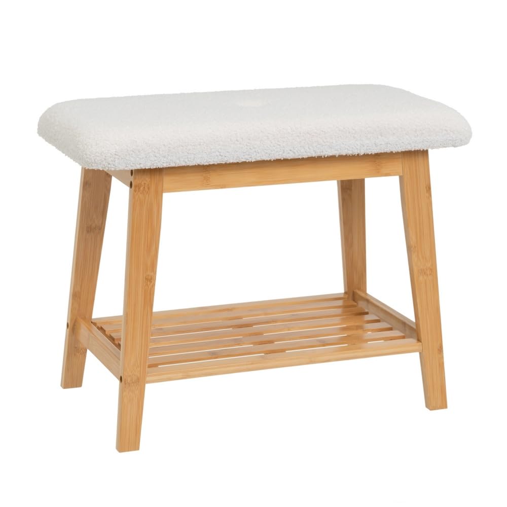 LOLAhome Banqueta Zapatero Nordic 1 Estante de bambú Natural y Tela de Borreguito de 60 cm