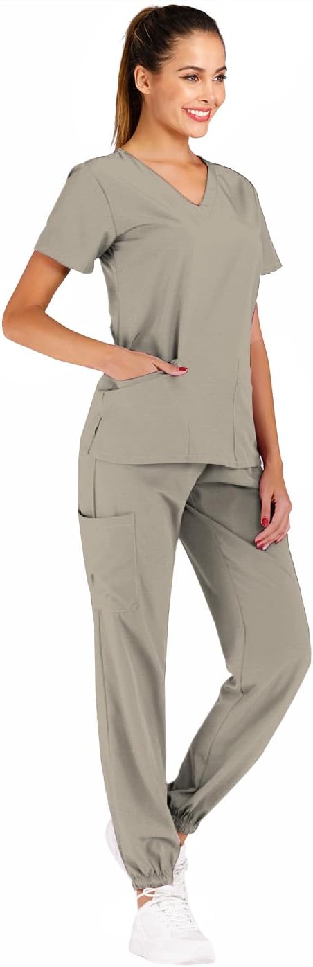 Minty Mint Women's Medical Scrubs - Solid Stretchy Top and Jogger Sets Khaki M - Image 2