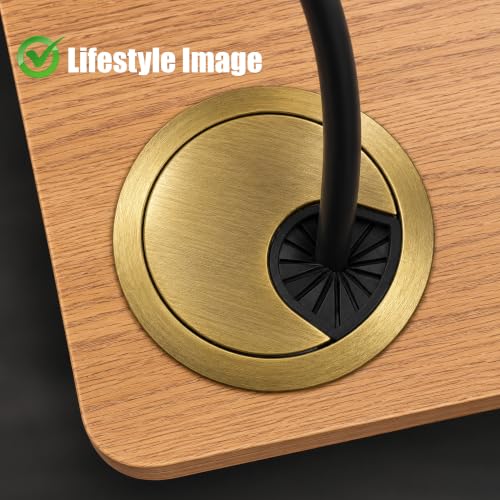 Image of Aluminum Alloy Desk Grommet - Round Metal Cable Wire Hole Cover with Flip Dust-Proof Lid for Office Desk, Computer Table, TV Cabinet & Furniture - Cord Organizer (60mm Round, Gold)