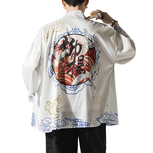 Image of Men's Japanese Kimono Robe Jacket Lightweight 3 /4 Sleeve Open Front Yukata | Silky Smooth Fashion Print Happi Coat Lightweight Breathable Loose Unisex Haori Casual Summer Cardigan Daily Beach Vacation