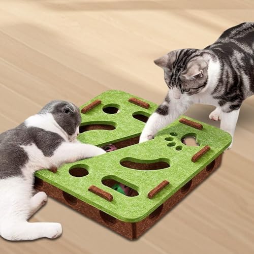 Generisch Interaktives Katzen-Intelligenzspielzeug, Holz Puzzle-Box mit Spielstab, Glockenball und Kratzfläche, Katzen-Beschäftigungsspiel mit Futterlabyrinth, Mehrschichtig (Grün-A)