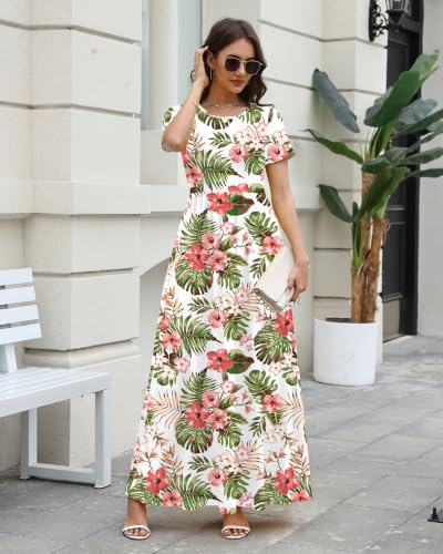 Image of COSSEN Women's Crew Neck Short Sleeve Maxi Dress with Pockets Casual Loose Swing for Wedding Guest Beach Vacation