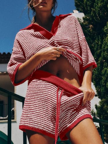 Image of Tankaneo Womens Sweater Set 2 Piece Outfits Oversized 3 /4 Sleeve V Neck Knit Tops High Waisted Shorts Lounge Sets
