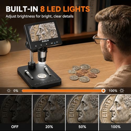 Image of Elikliv Coin Microscope, 4.3'' LCD Digital Microscope 1000x, Coin Magnifier with 8 Adjustable LED Lights, PC View Compatible with Windows /Mac, EDM4B, Black