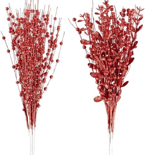 24-Pack Christmas Tree Picks Ornaments, Artificial Glitter Berry Stem Glittery Twigs Ornaments for Christmas Tree Decorations, Small Vase, Holiday, Wedding, Party Decorations (Red)