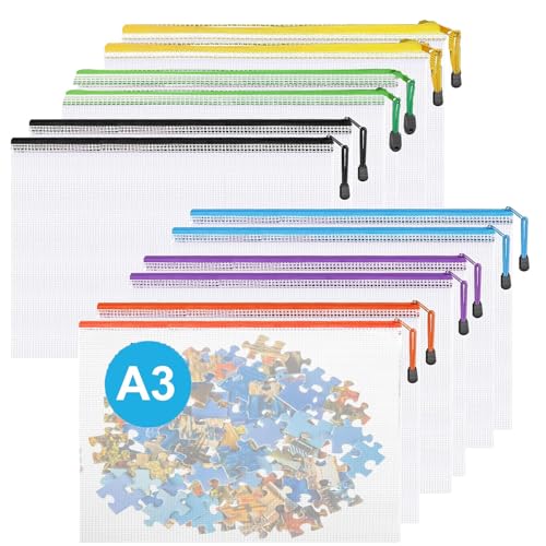 Lot de 12 pochettes A3 en plastique avec fermeture éclair - Sacs de rangement étanches pour fournitures scolaires, de bureau, puzzles, jeux de société et projets d'artisanat