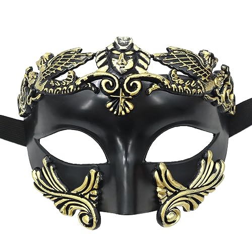 MFUOE Masquerade Mask for Men Roman Greek Mythological Ventian Mask for Halloween Christmas Mardi Mask (Black & Gold)