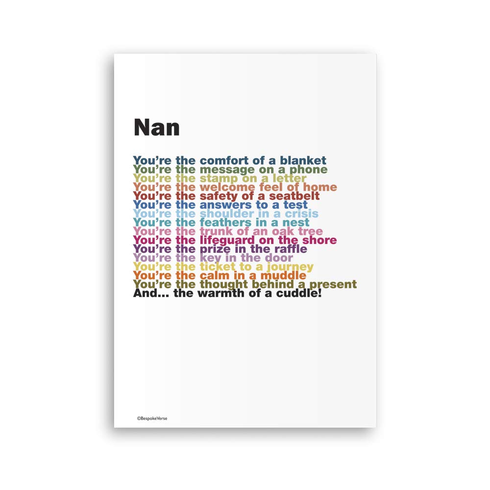Nan Rainbow Poem Print. Gift for Nan. A4 Unframed.