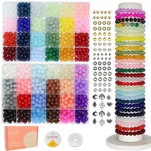WOOLEE 1200Pcs Glass Beads Bracelet Making Kit, 48 Colors 8MM Crystal Round Glass Beads Jewelry Making kit. Bracelet, Necklace, Earrings and Phone Lanyard DIY Craft Set, Gift for Girls