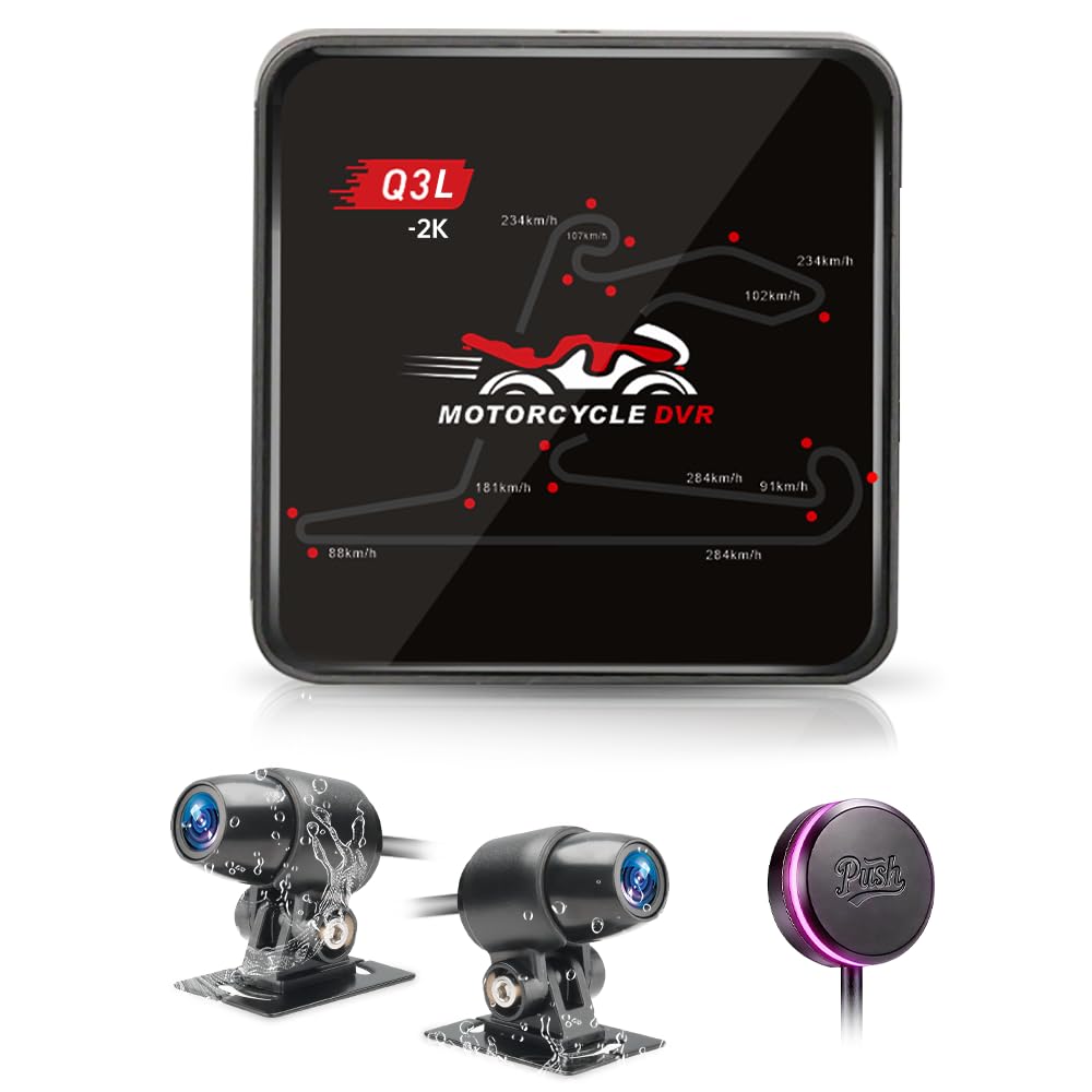 VSYSTO Q3L 2K Caméra Embarquée Moto Double Caméra Avant et Arrière 2K, WiFi 5G, Vision Nocturne Starlight, Étanche, Télécommande Filaire avec LED, Mode Parking, Jusqu'à 512 Go