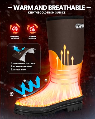 Image of OutdoorMaster Hunting Boots - Waterproof, Insulated Boots for Hunting Fishing and Outdoor, Neoprene Rubber, for Men - Brown,13