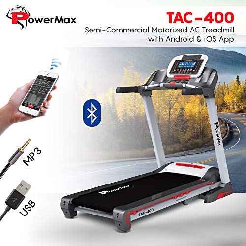 Image of PowerMax Fitness TAC-400 6HP AC Motorized Semi-Commercial Auto-incline Treadmill for Home Gym, Max user 140kg, Top speed 18kmph, 1400x450mm Running deck, Manual Lubrication, Bluetooth, USB, Speaker.