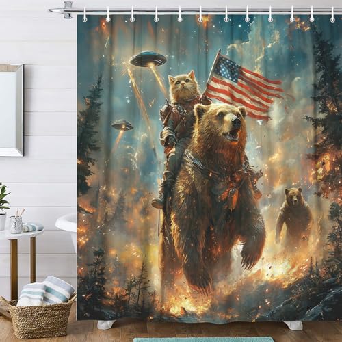 Image of Funny Bear Shower Curtain for Boys Kids, Cool Cat Riding Bear on Rustic Cabin Forest Woodland Hilarious Shower Curtains, Funky Anime UFO Spaceship Animal Bath Curtain Fabric 12PCS Hooks, 70X75IN