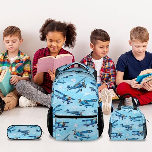 Image of Kids Backpack with Lunch Bag and Pencil Case - 3Pcs Airplane Backpacks Set for Boys - Durable Toddler Bookbag for Kindergarten, Primary & Elementary (17 Inch)