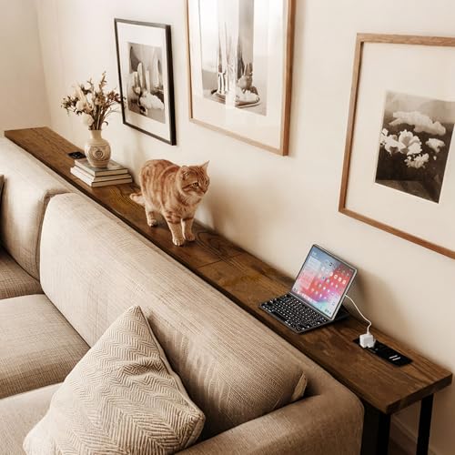 GRLEAF 102 Inch Narrow Sofa Table with Power Outlets Extra Long Console Table Behind Couch Table with Charging Station Skinny Entryway Table Thin Table for Living Room Narrow Spaces (Rustic Brown)