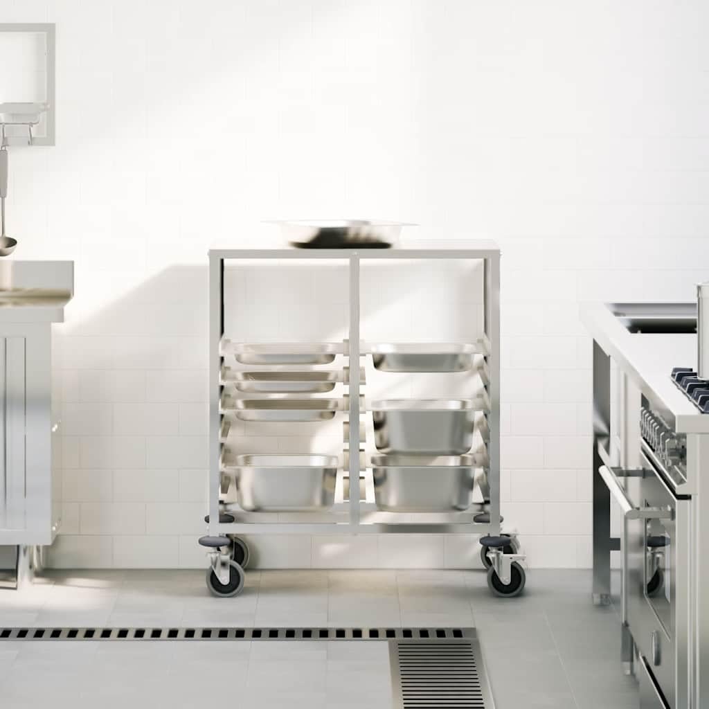 Carrello per vassoi in acciaio inox con 12 contenitori GN 1/1, 75 x 55 x 87 cm, 4 ruote con freni, carrello da cucina, carrello da portata per riporre e organizzare la gastronomia