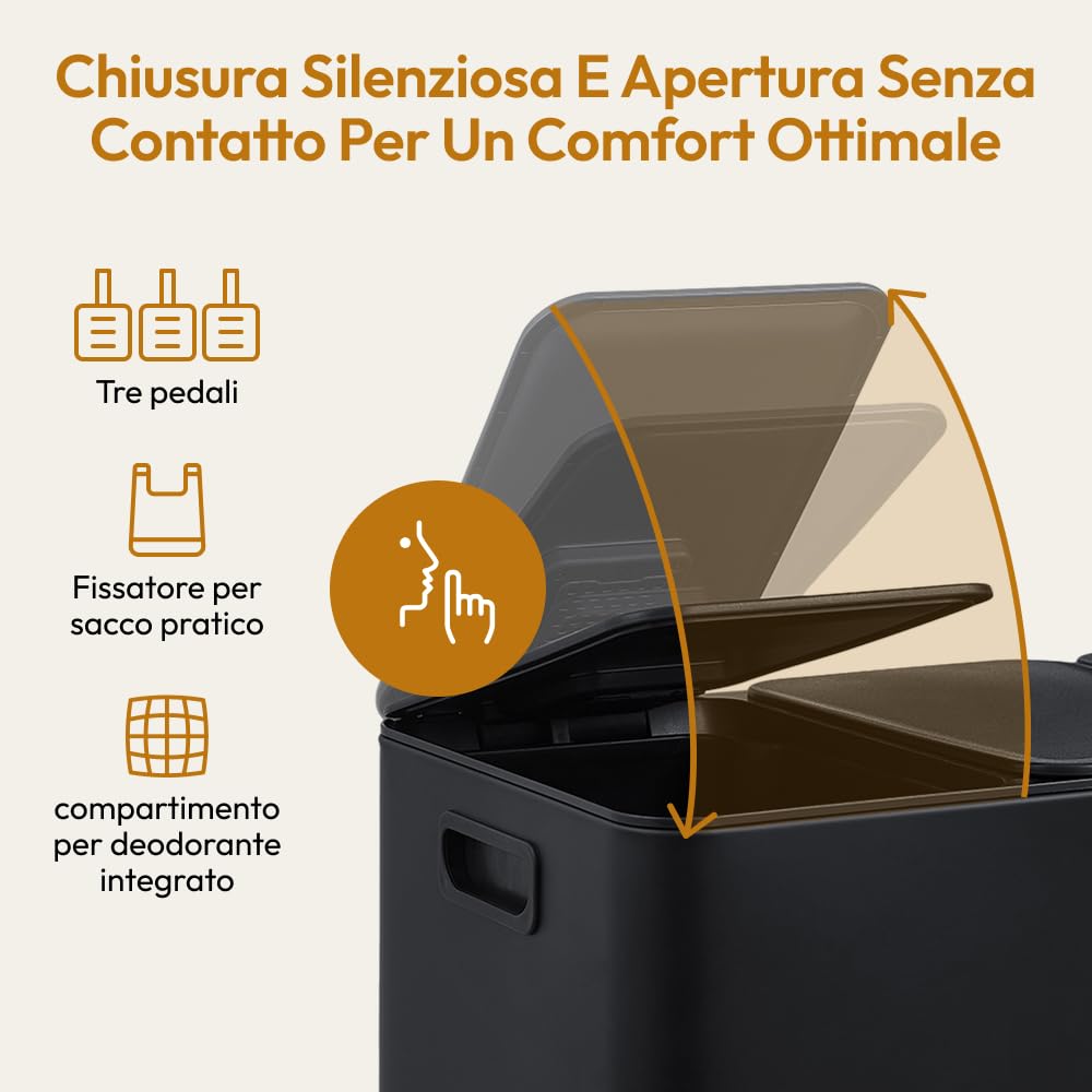 CASABEL Pattumiera Differenziata 3 Scomparti 3x20L, in Acciaio Inox Nero, Secchio Spazzatura - Pattumiera da Cucina per Riciclaggio Rettangolare a Pedale - Bidoni Differenziata da Interno
