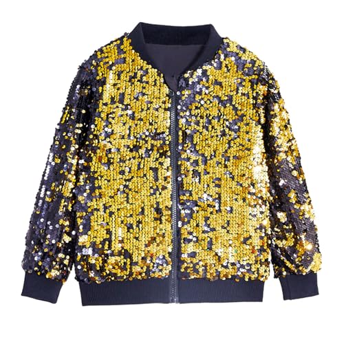 Kids Girls Sequin Gradient Bomber Jacket Long Sleeve Sparkly Baseball Jacket Lightweight Zip Up Coat