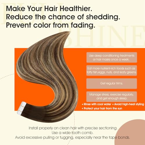 Image of Full Shine Tape in Extensions Color 4 /24 /4 Balayage Brown And Blonde Tape in Hair Extensions Human Hair 18Inch Double Sided Adhesive Extension Invisible Skin Weft 100G 40Pcs